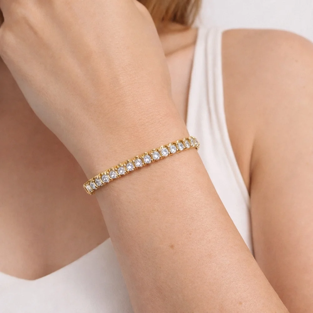 Vintage Gold Tone Hinged Bangle Bracelet Channel Set Clear CZ Stones - Picture 2 of 12